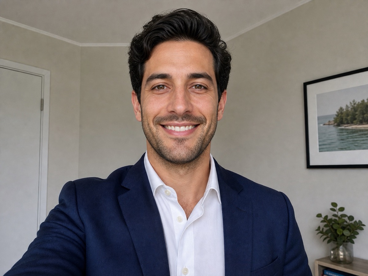 Front-facing AI headshot reference photo with a full smile