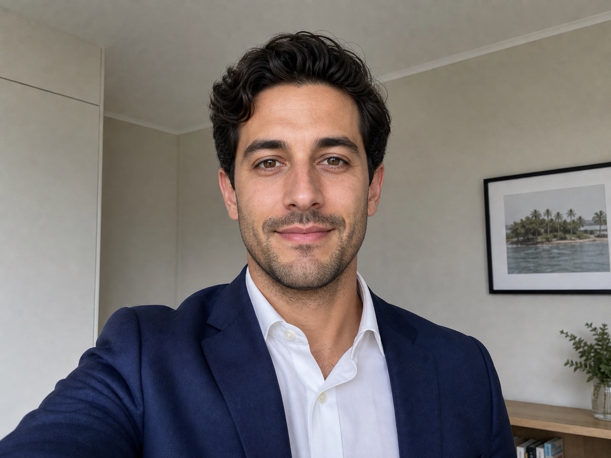 Front-facing AI headshot reference photo with a slight smile